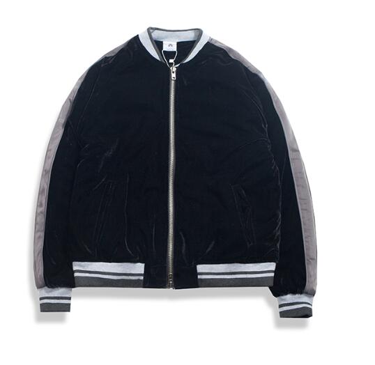 Velvet Patchwork Stripe Pocket Baseball Jacket