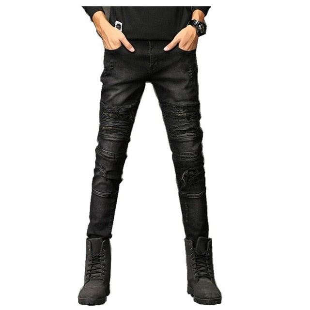 New! Biker Washed Cotton Skinny Ripped Jeans