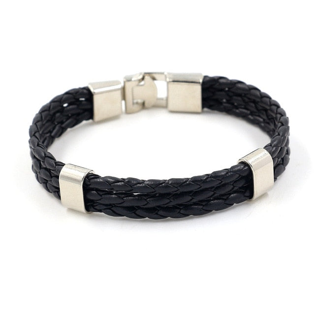 Woven Leather Bracelet w Stainless Steel