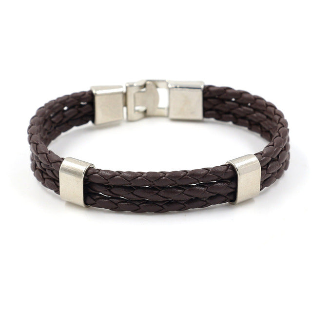 Woven Leather Bracelet w Stainless Steel