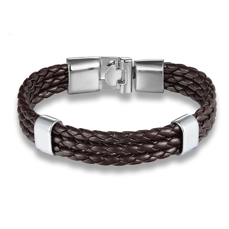 Woven Leather Bracelet w Stainless Steel