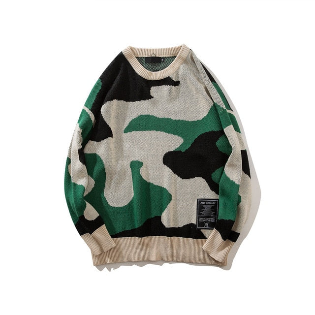 Wool Camouflage O-neck Loose Men&#39;s Sweater